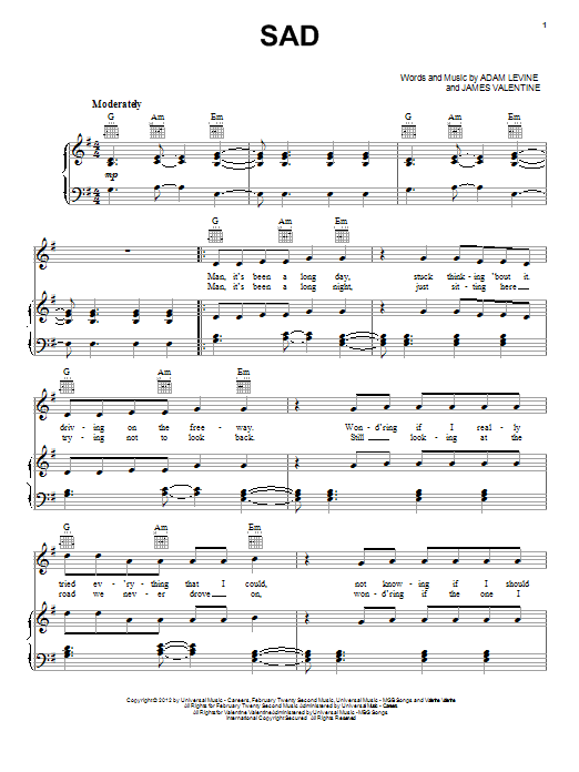 Maroon 5 Sad Sheet Music Notes & Chords for Piano, Vocal & Guitar (Right-Hand Melody) - Download or Print PDF