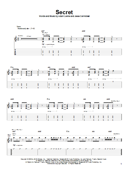 Maroon 5 Secret Sheet Music Notes & Chords for Guitar Tab - Download or Print PDF