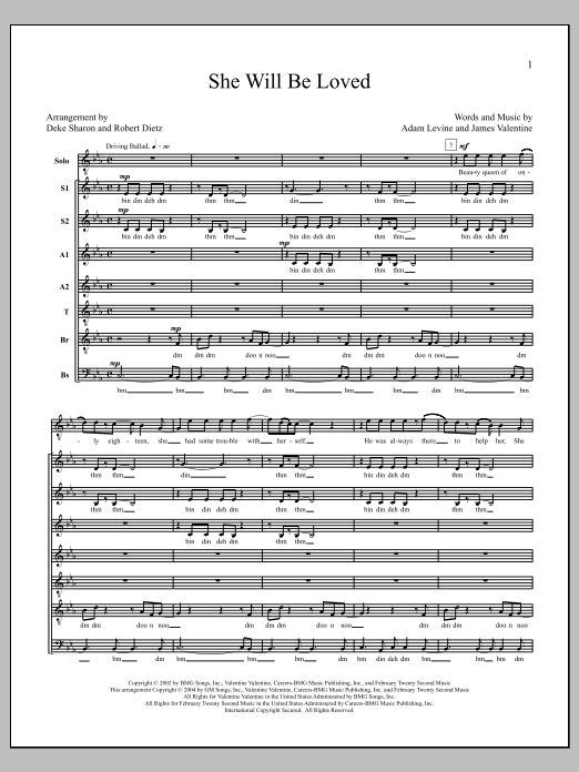 Maroon 5 She Will Be Loved (arr. Deke Sharon) Sheet Music Notes & Chords for Choral - Download or Print PDF
