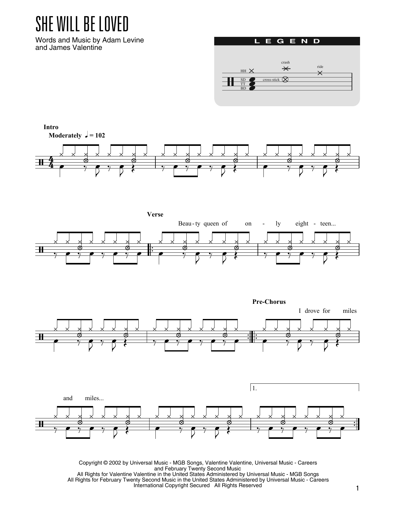 Maroon 5 She Will Be Loved (arr. Kennan Wylie) Sheet Music Notes & Chords for Drums Transcription - Download or Print PDF