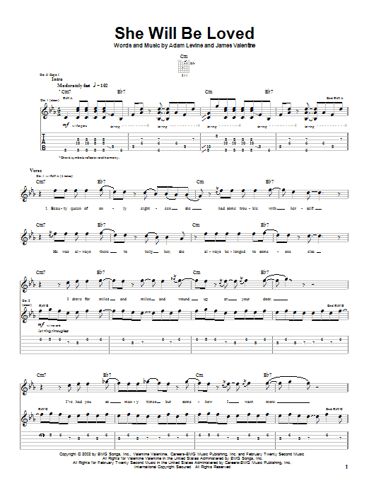 Maroon 5 She Will Be Loved Sheet Music Notes & Chords for Easy Guitar Tab - Download or Print PDF