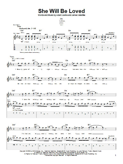 Maroon 5 She Will Be Loved Sheet Music Notes & Chords for Guitar Tab - Download or Print PDF