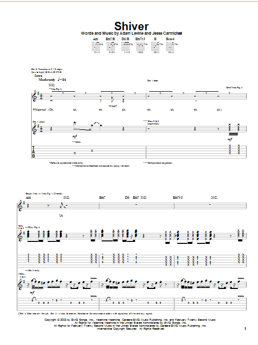 Maroon 5 Shiver Sheet Music Notes & Chords for Guitar Tab - Download or Print PDF