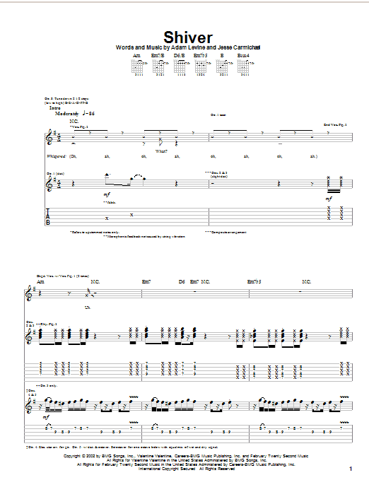 Maroon 5 Shiver Sheet Music Notes & Chords for Piano, Vocal & Guitar (Right-Hand Melody) - Download or Print PDF