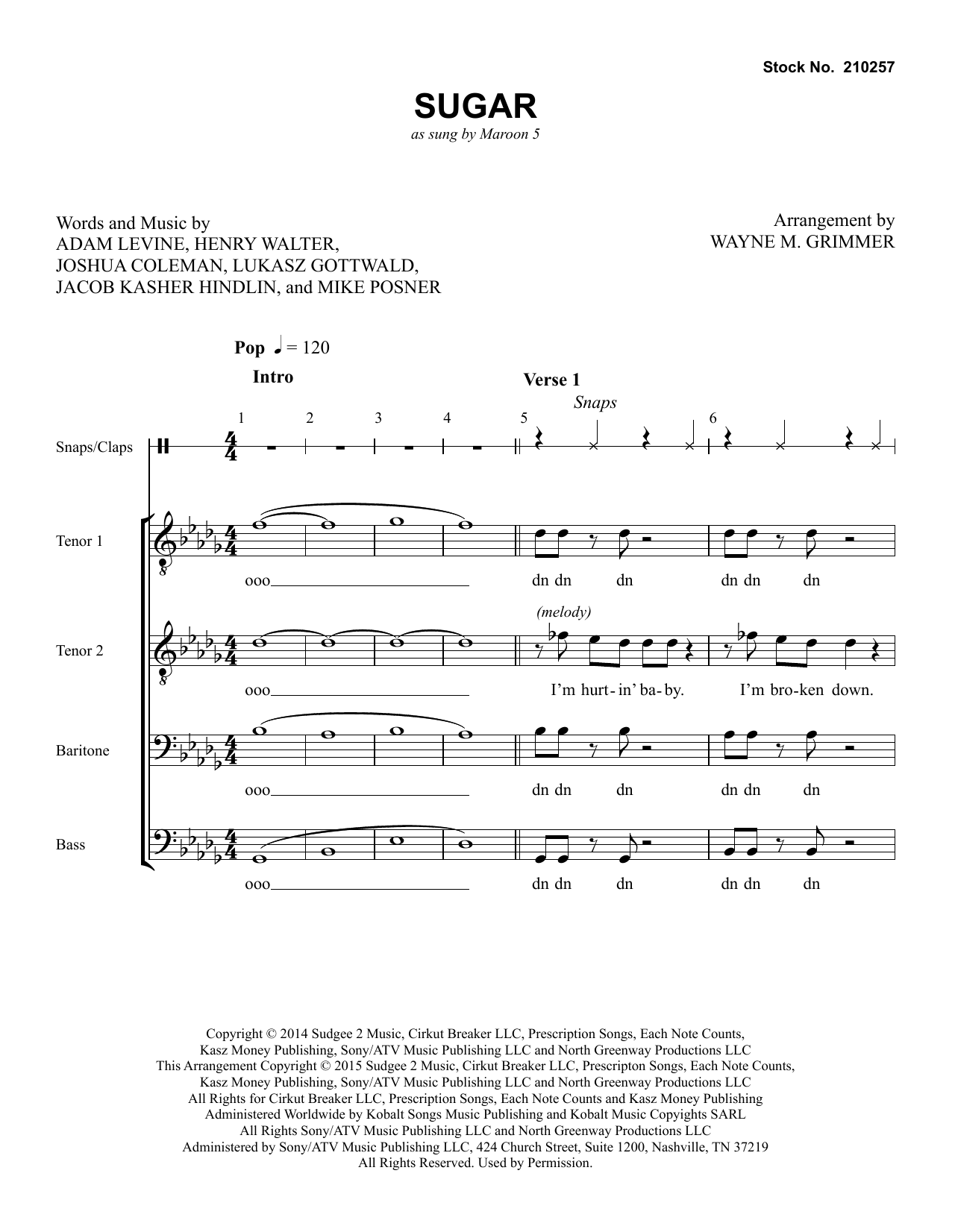 Maroon 5 Sugar (arr. Wayne Grimmer) Sheet Music Notes & Chords for SATB Choir - Download or Print PDF