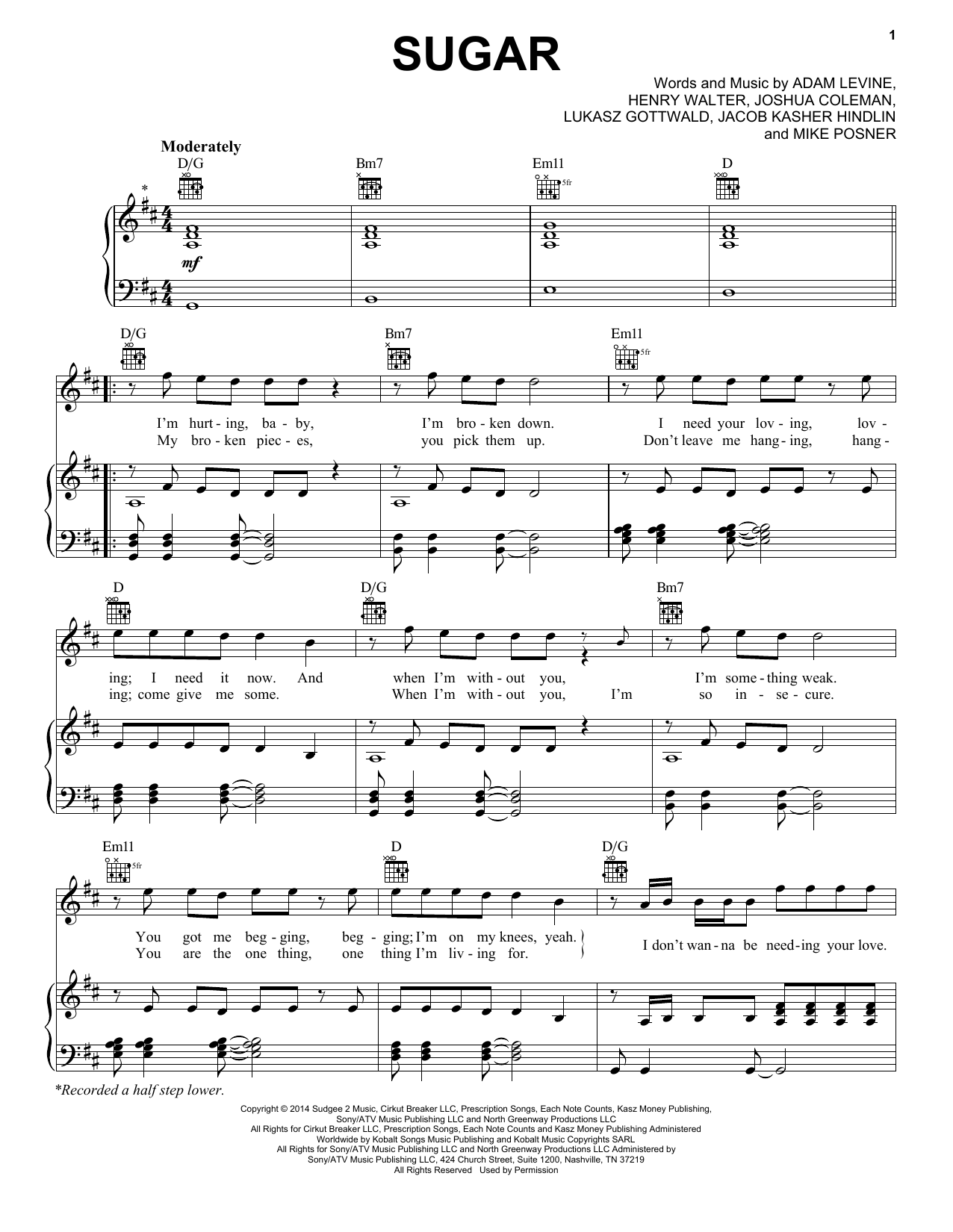 Maroon 5 Sugar Sheet Music Notes & Chords for Piano, Vocal & Guitar (Right-Hand Melody) - Download or Print PDF