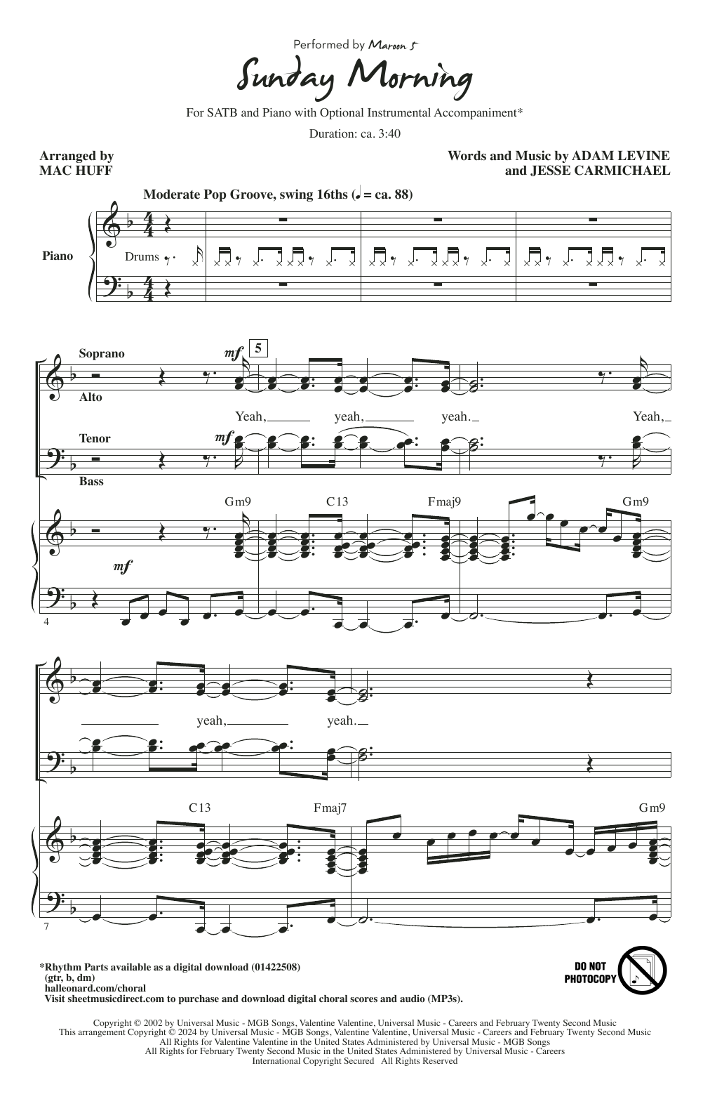 Maroon 5 Sunday Morning (arr. Mac Huff) Sheet Music Notes & Chords for SATB Choir - Download or Print PDF