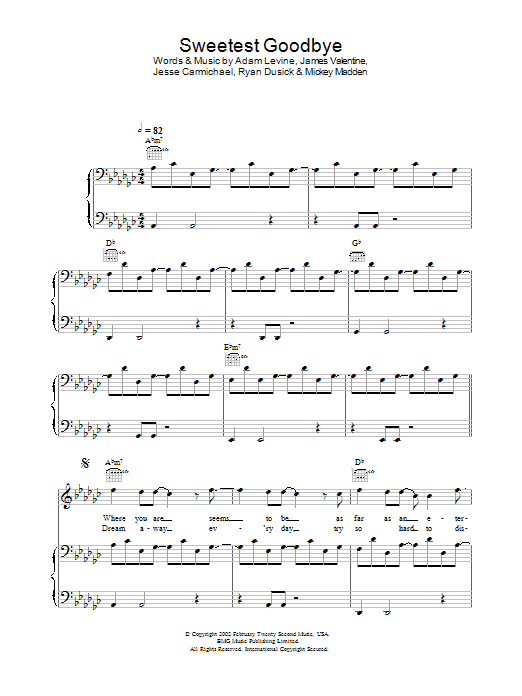 Maroon 5 Sweetest Goodbye Sheet Music Notes & Chords for Piano, Vocal & Guitar - Download or Print PDF