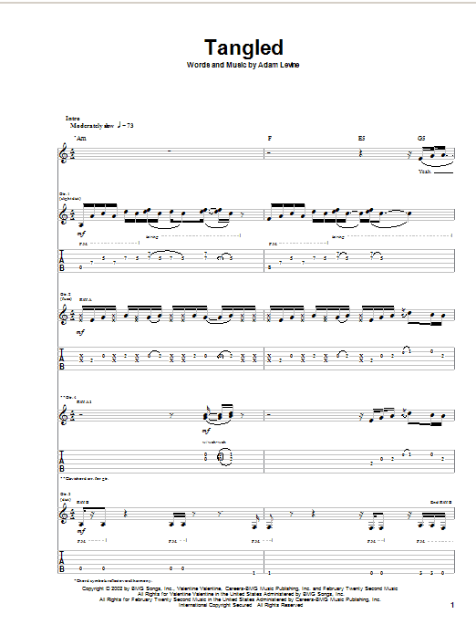 Maroon 5 Tangled Sheet Music Notes & Chords for Guitar Tab - Download or Print PDF