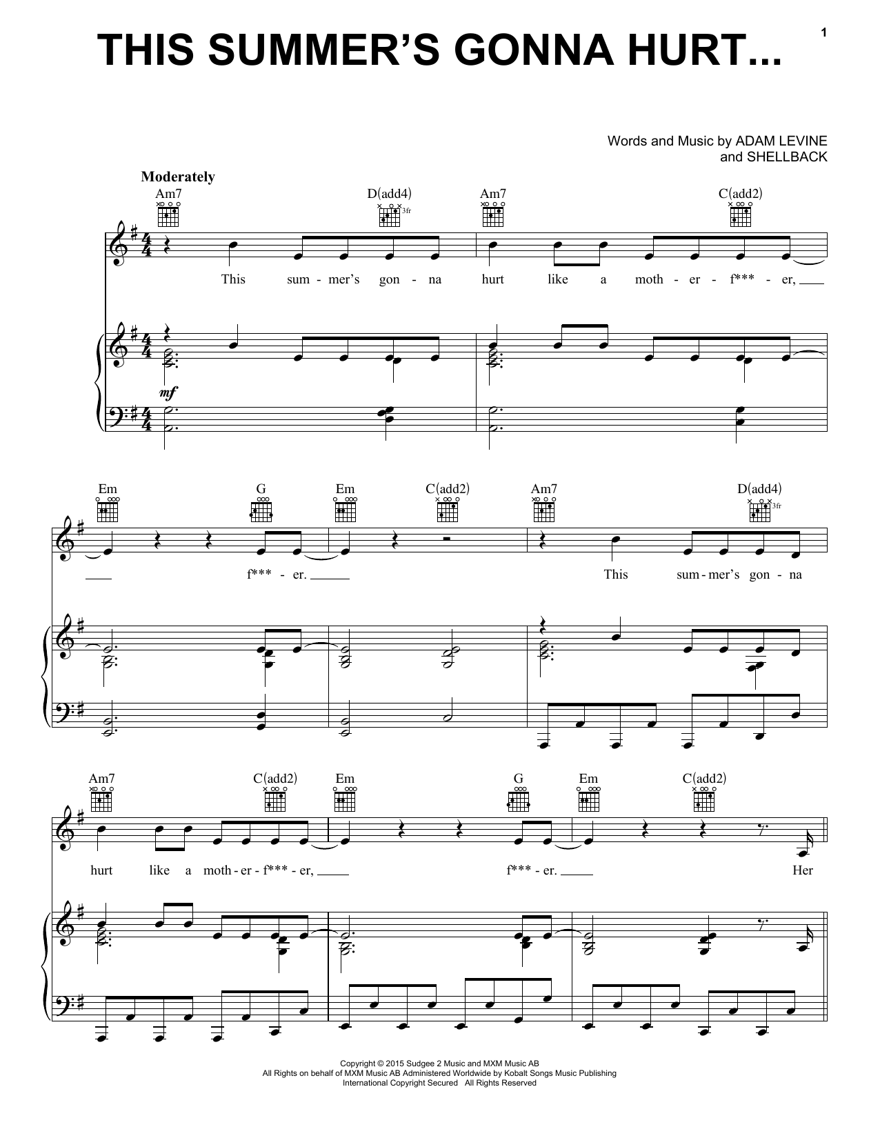 Maroon 5 This Summer's Gonna Hurt Like A Motherf***er Sheet Music Notes & Chords for Piano, Vocal & Guitar (Right-Hand Melody) - Download or Print PDF