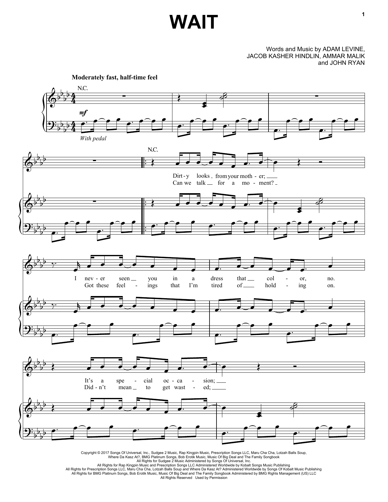 Maroon 5 Wait Sheet Music Notes & Chords for Piano, Vocal & Guitar (Right-Hand Melody) - Download or Print PDF