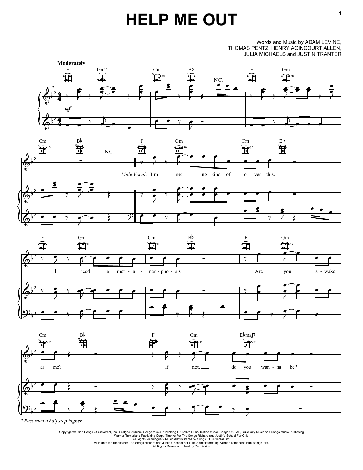 Maroon 5 with Julia Michaels Help Me Out Sheet Music Notes & Chords for Piano, Vocal & Guitar (Right-Hand Melody) - Download or Print PDF