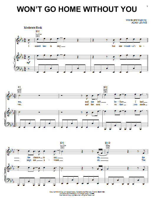 Maroon 5 Won't Go Home Without You Sheet Music Notes & Chords for Pro Vocal - Download or Print PDF