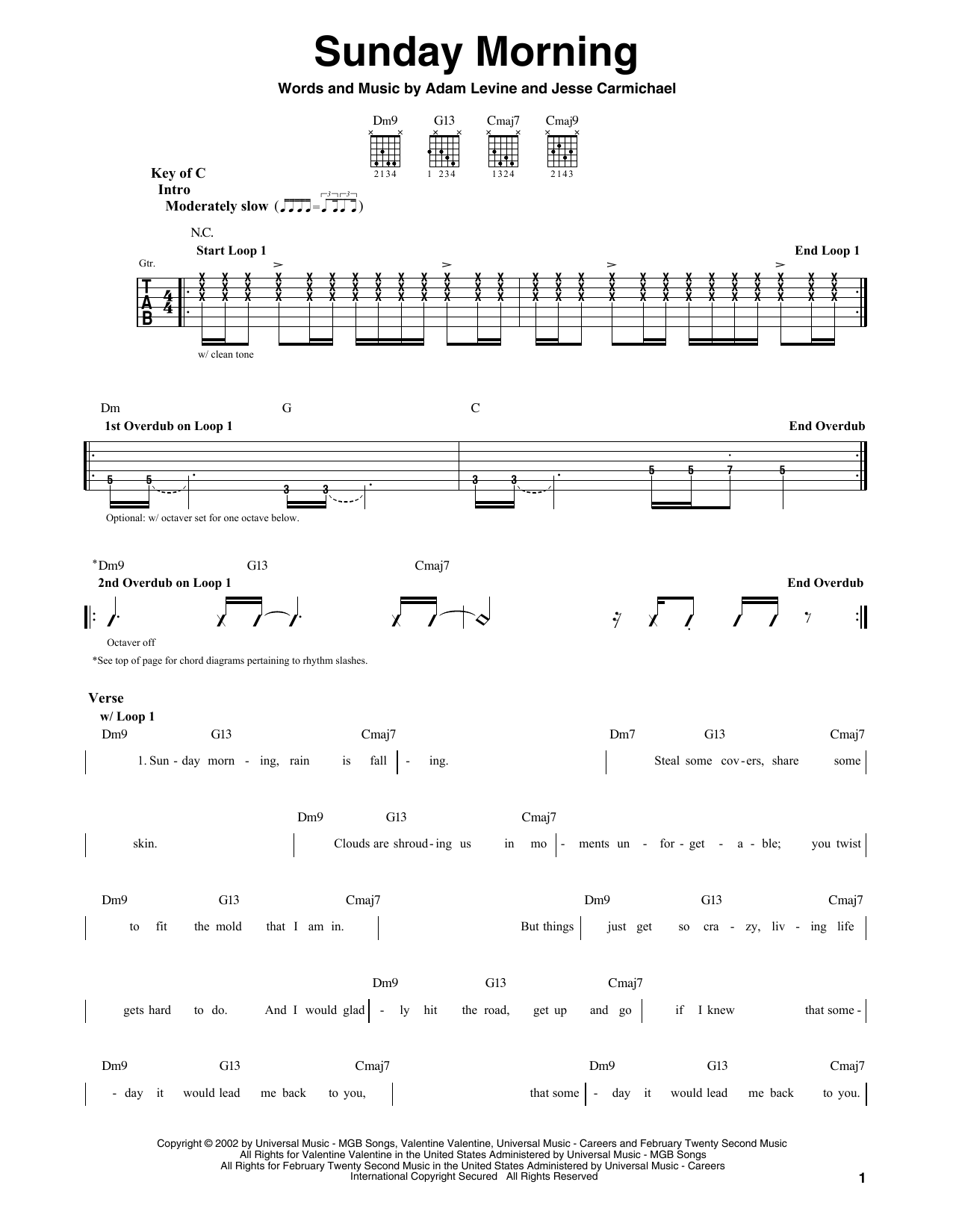 Maroon5 Sunday Morning Sheet Music Notes & Chords for Guitar Tab - Download or Print PDF