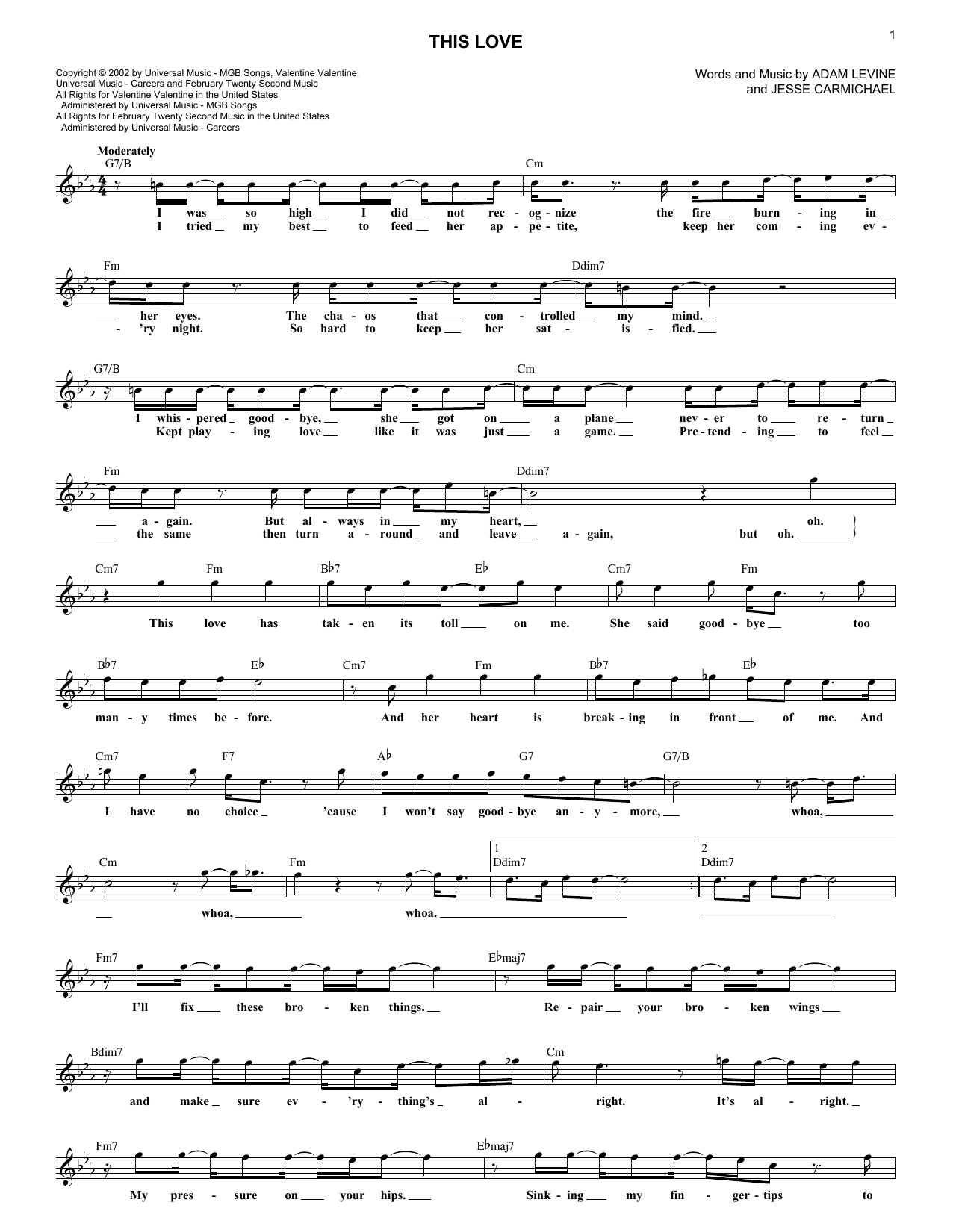 Maroon 5 This Love Sheet Music Notes & Chords for Melody Line, Lyrics & Chords - Download or Print PDF