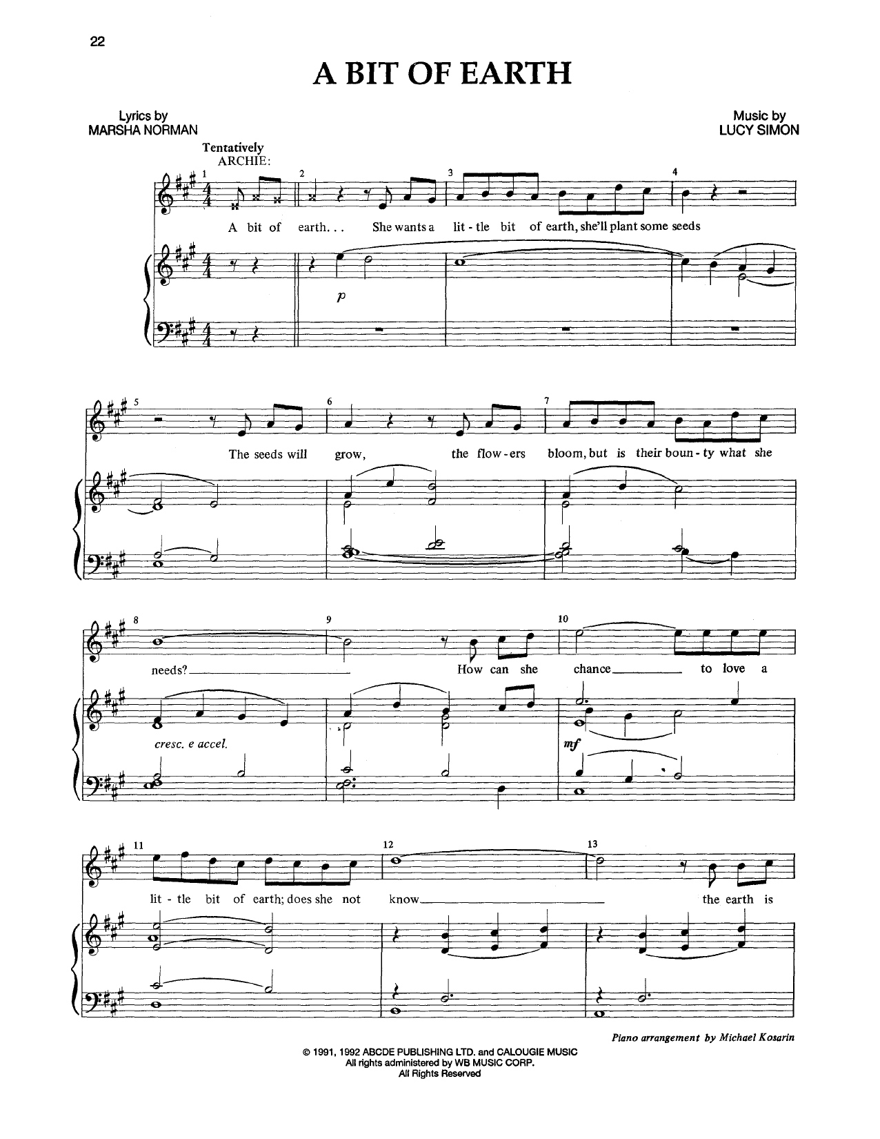 Marsha Norman & Lucy Simon A Bit Of Earth Sheet Music Notes & Chords for Piano & Vocal - Download or Print PDF