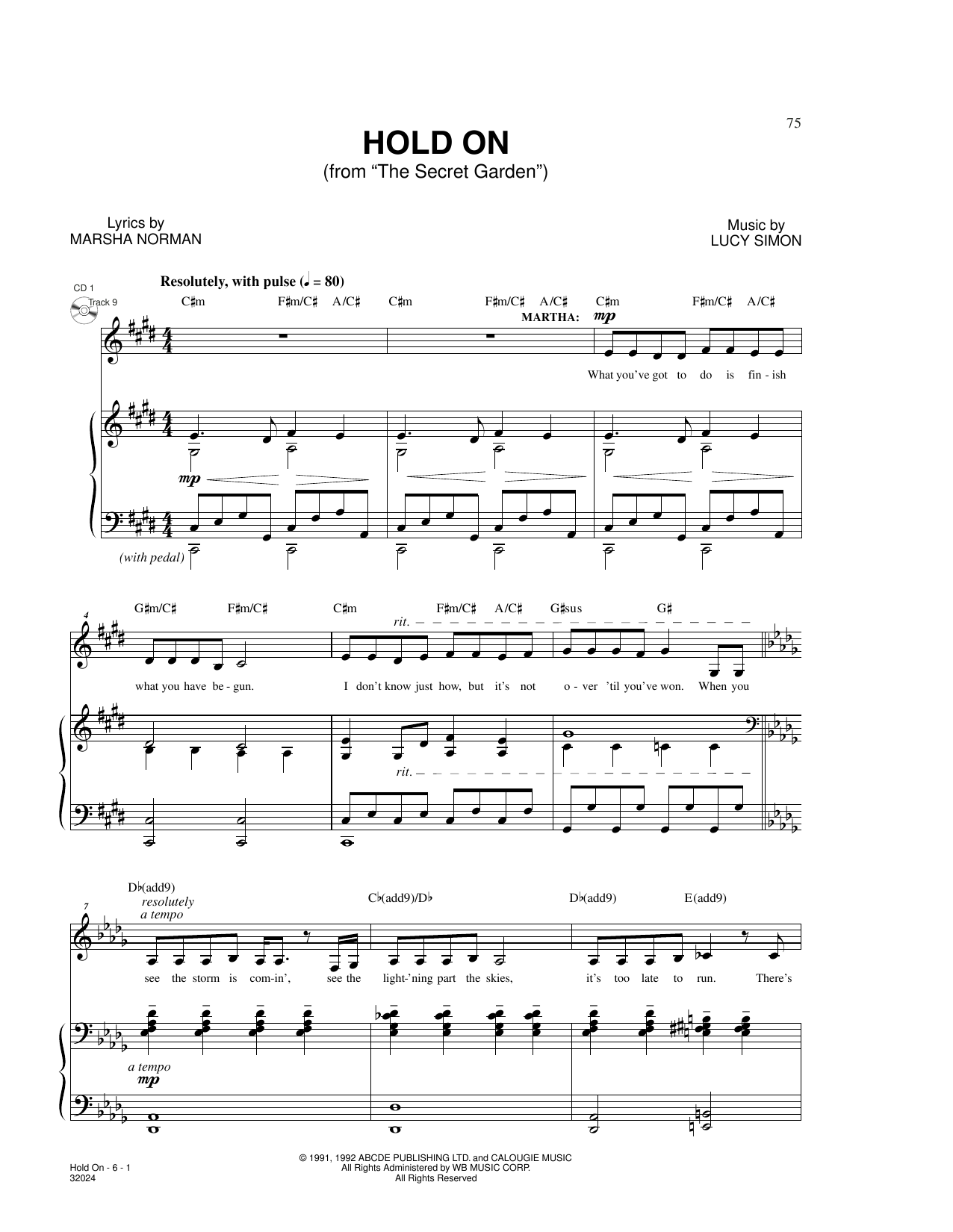 Marsha Norman & Lucy Simon Hold On (from The Secret Garden) Sheet Music Notes & Chords for Piano & Vocal - Download or Print PDF