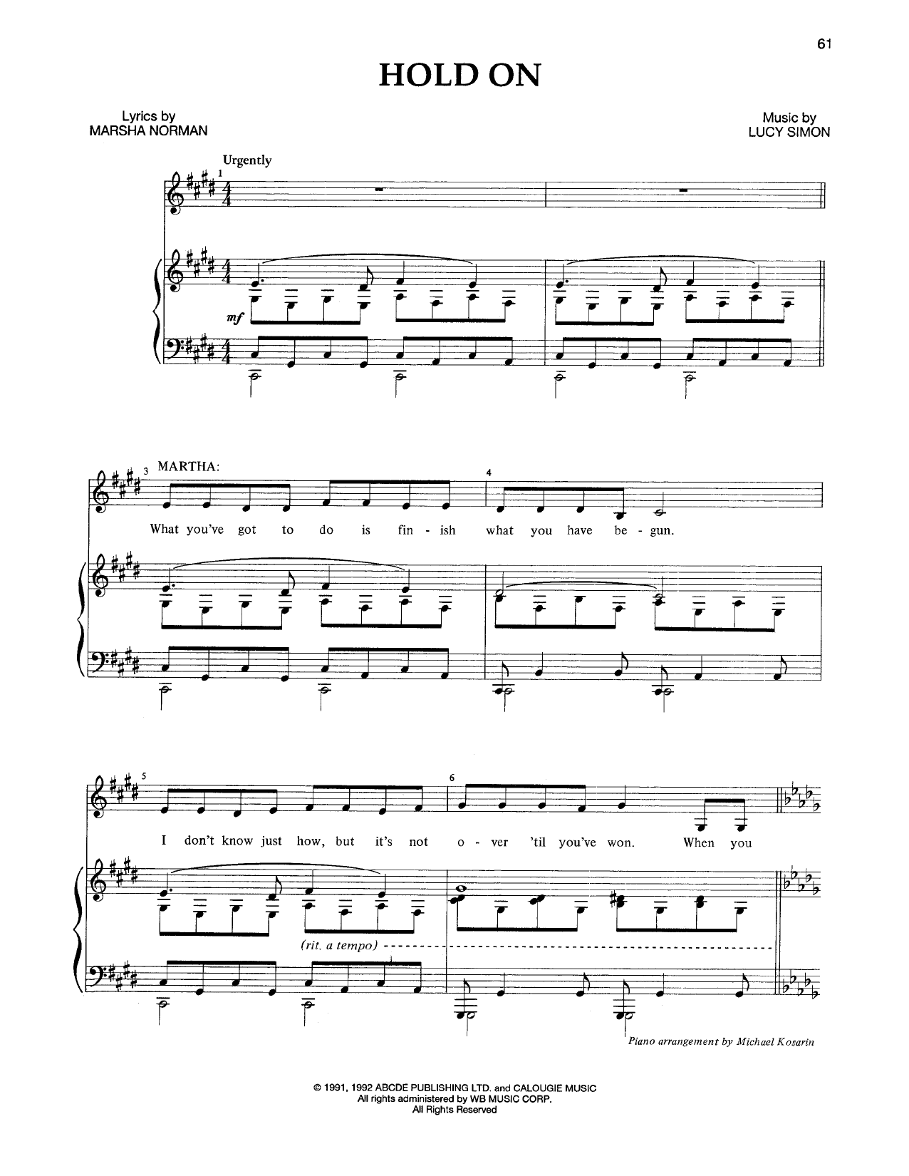 Marsha Norman & Lucy Simon Hold On Sheet Music Notes & Chords for Piano & Vocal - Download or Print PDF