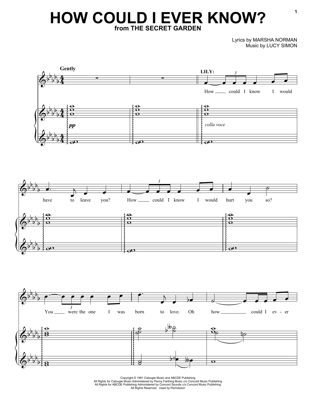Marsha Norman & Lucy Simon How Could I Ever Know? Sheet Music Notes & Chords for Piano & Vocal - Download or Print PDF