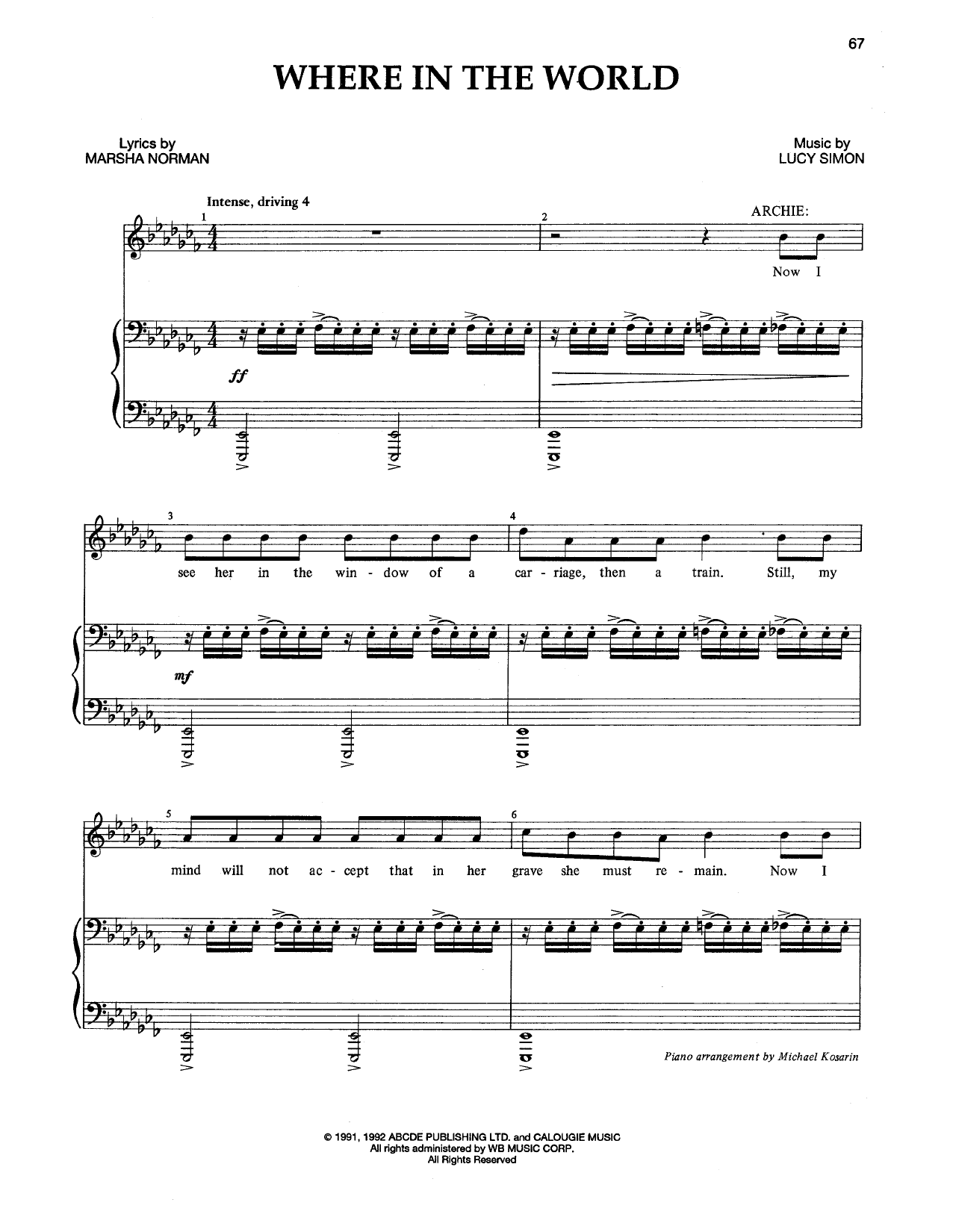 Marsha Norman & Lucy Simon Where In The World Sheet Music Notes & Chords for Piano & Vocal - Download or Print PDF