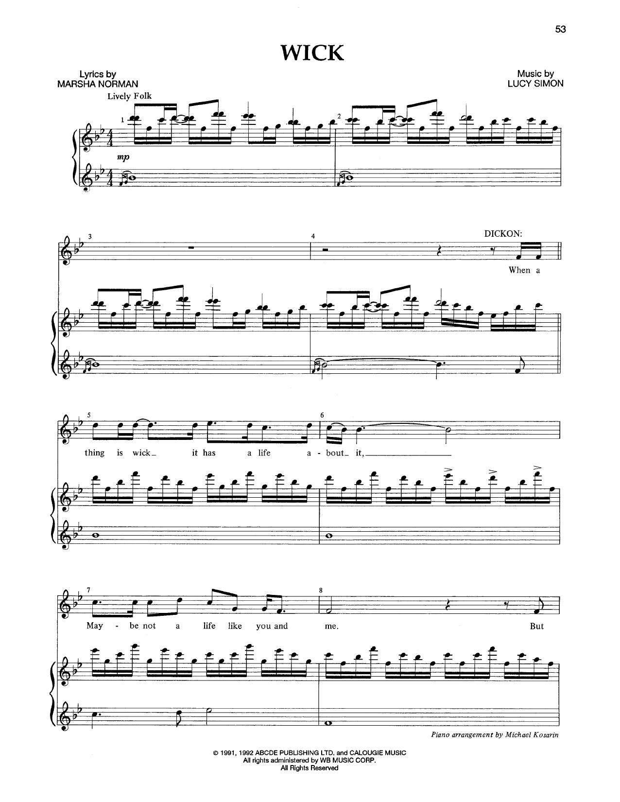 Marsha Norman & Lucy Simon Wick Sheet Music Notes & Chords for Piano & Vocal - Download or Print PDF
