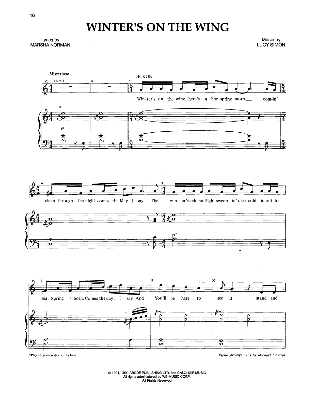 Marsha Norman & Lucy Simon Winter's On The Wing Sheet Music Notes & Chords for Piano & Vocal - Download or Print PDF