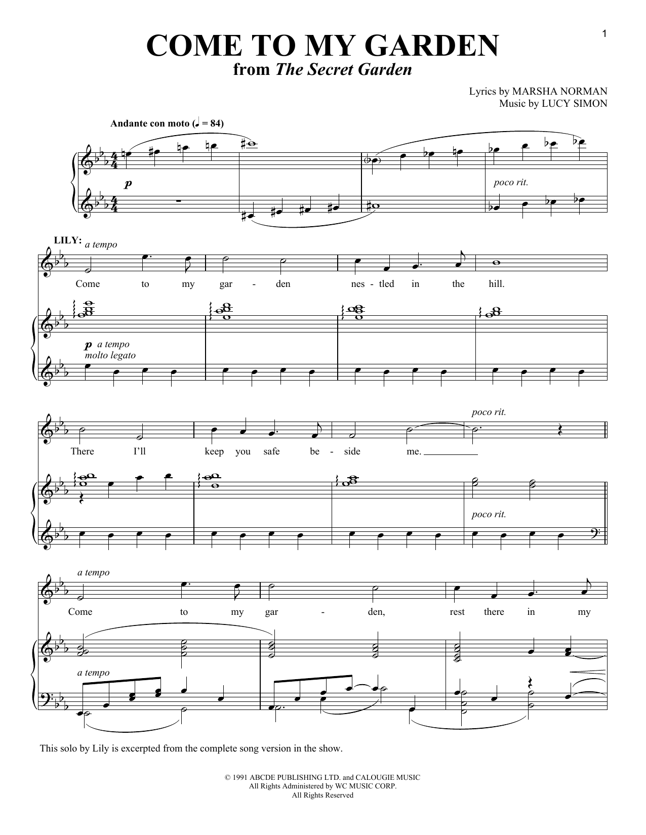 Marsha Norman and Lucy Simon Come To My Garden (from The Secret Garden) Sheet Music Notes & Chords for Piano & Vocal - Download or Print PDF
