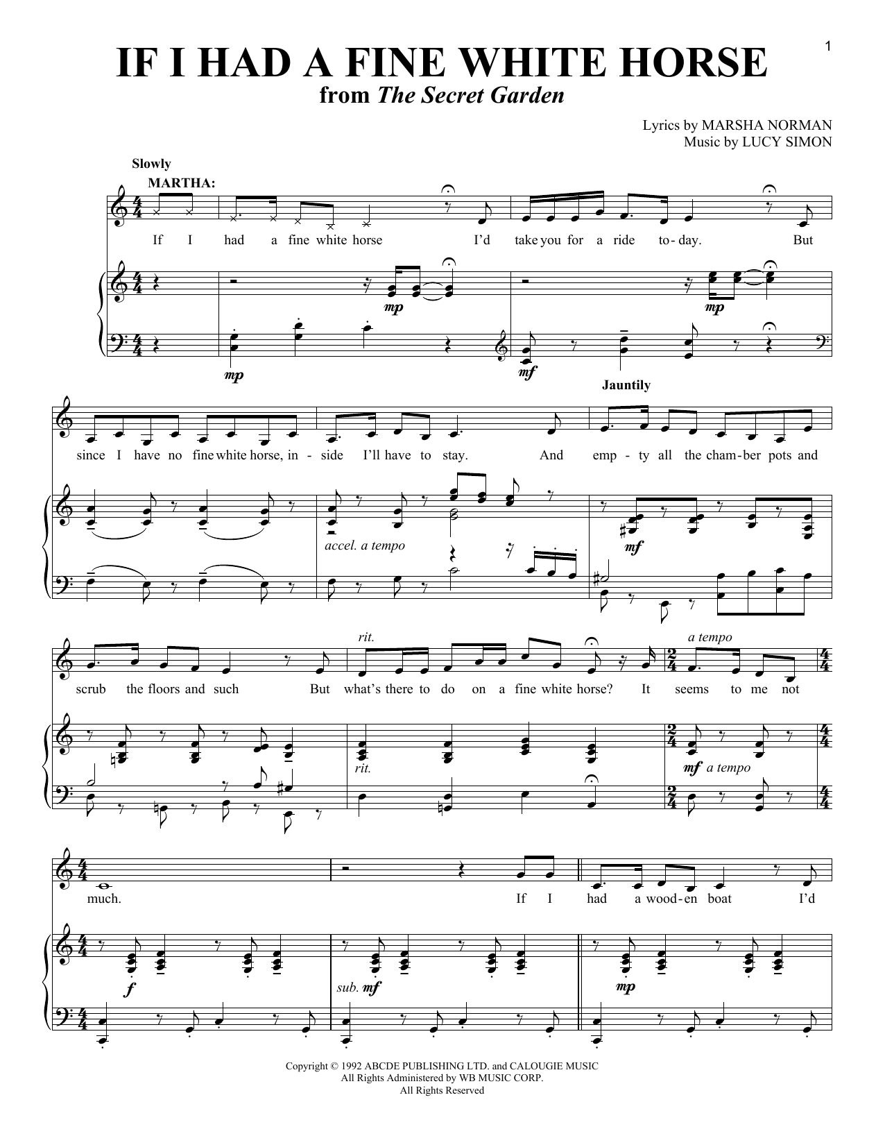 Marsha Norman If I Had A Fine White Horse Sheet Music Notes & Chords for Piano & Vocal - Download or Print PDF