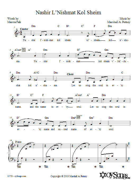 Marshall Portnoy Nashir L'nishmat Kol Sheim Sheet Music Notes & Chords for Melody Line, Lyrics & Chords - Download or Print PDF