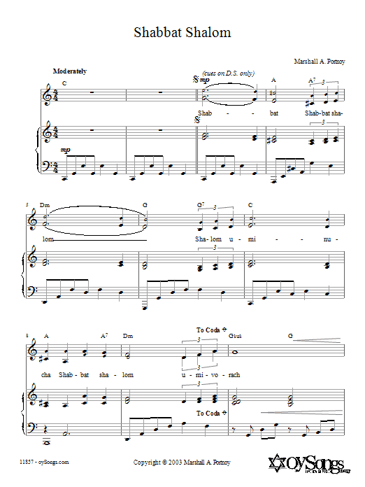 Marshall Portnoy Shabbat Shalom Sheet Music Notes & Chords for Piano, Vocal & Guitar (Right-Hand Melody) - Download or Print PDF