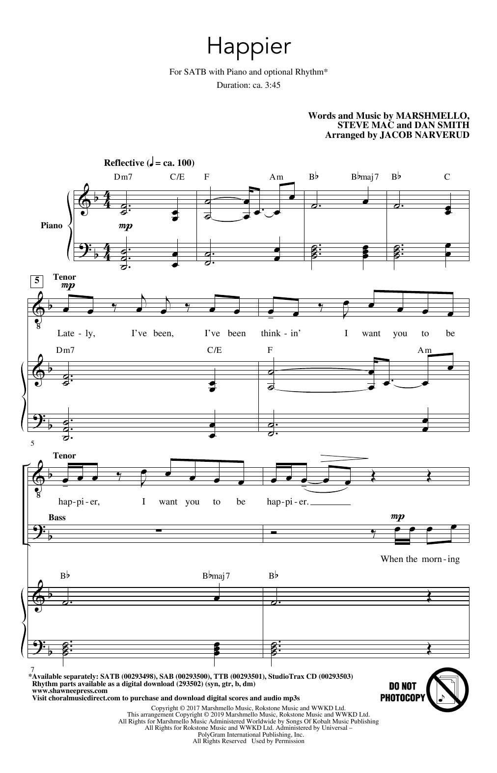 Marshmello & Bastille Happier (arr. Jacob Narverud) Sheet Music Notes & Chords for TTBB Choir - Download or Print PDF