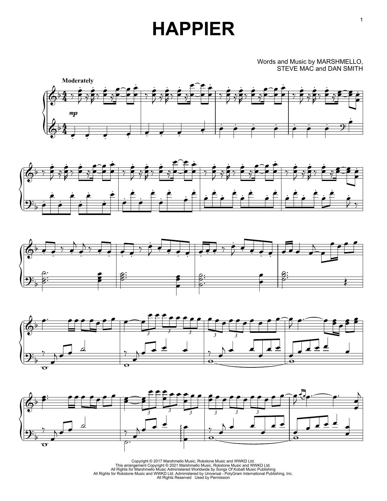 Marshmello & Bastille Happier [Classical version] Sheet Music Notes & Chords for Piano Solo - Download or Print PDF