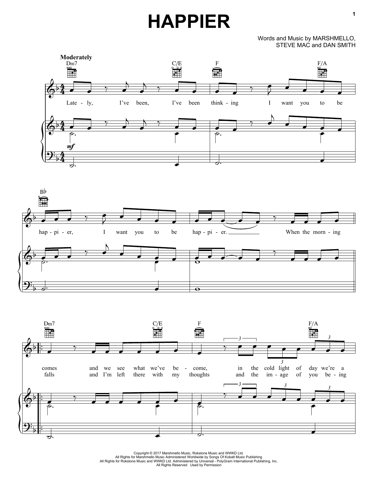 Marshmello & Bastille Happier Sheet Music Notes & Chords for Piano Solo - Download or Print PDF