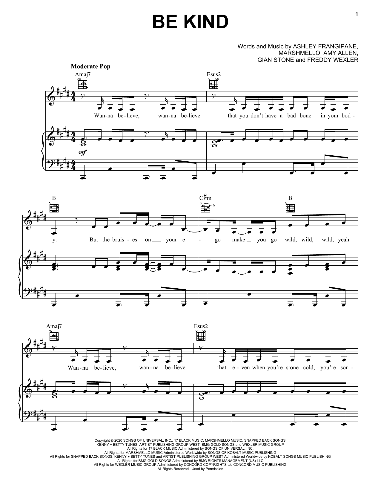 Marshmello & Halsey Be Kind Sheet Music Notes & Chords for Piano, Vocal & Guitar (Right-Hand Melody) - Download or Print PDF