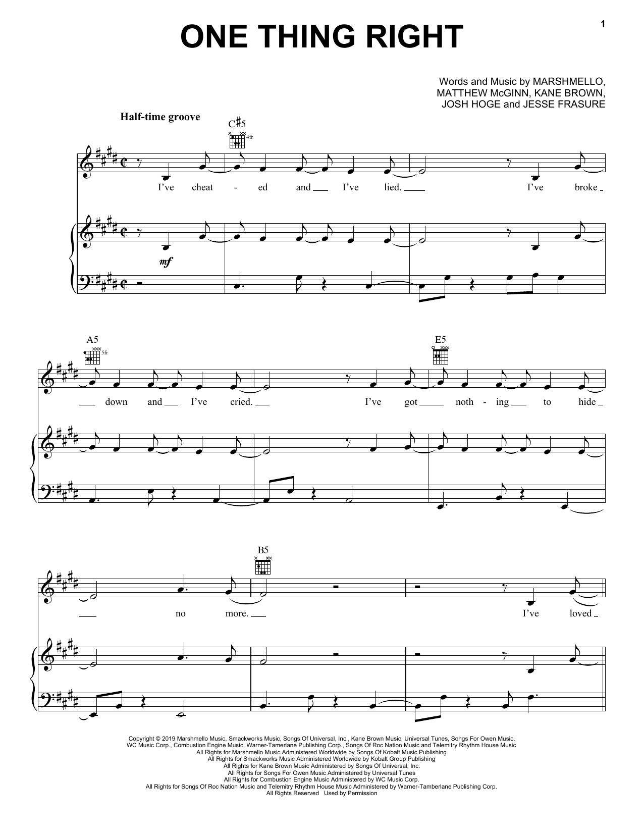 Marshmello & Kane Brown One Thing Right Sheet Music Notes & Chords for Piano, Vocal & Guitar (Right-Hand Melody) - Download or Print PDF