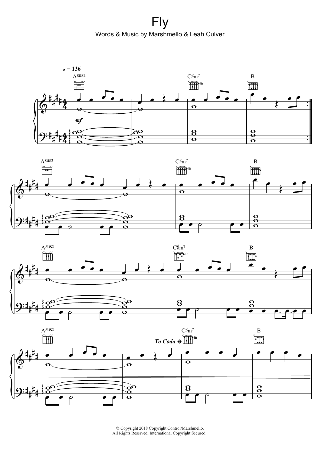 Marshmello Fly (featuring Leah Culver) Sheet Music Notes & Chords for Piano, Vocal & Guitar (Right-Hand Melody) - Download or Print PDF
