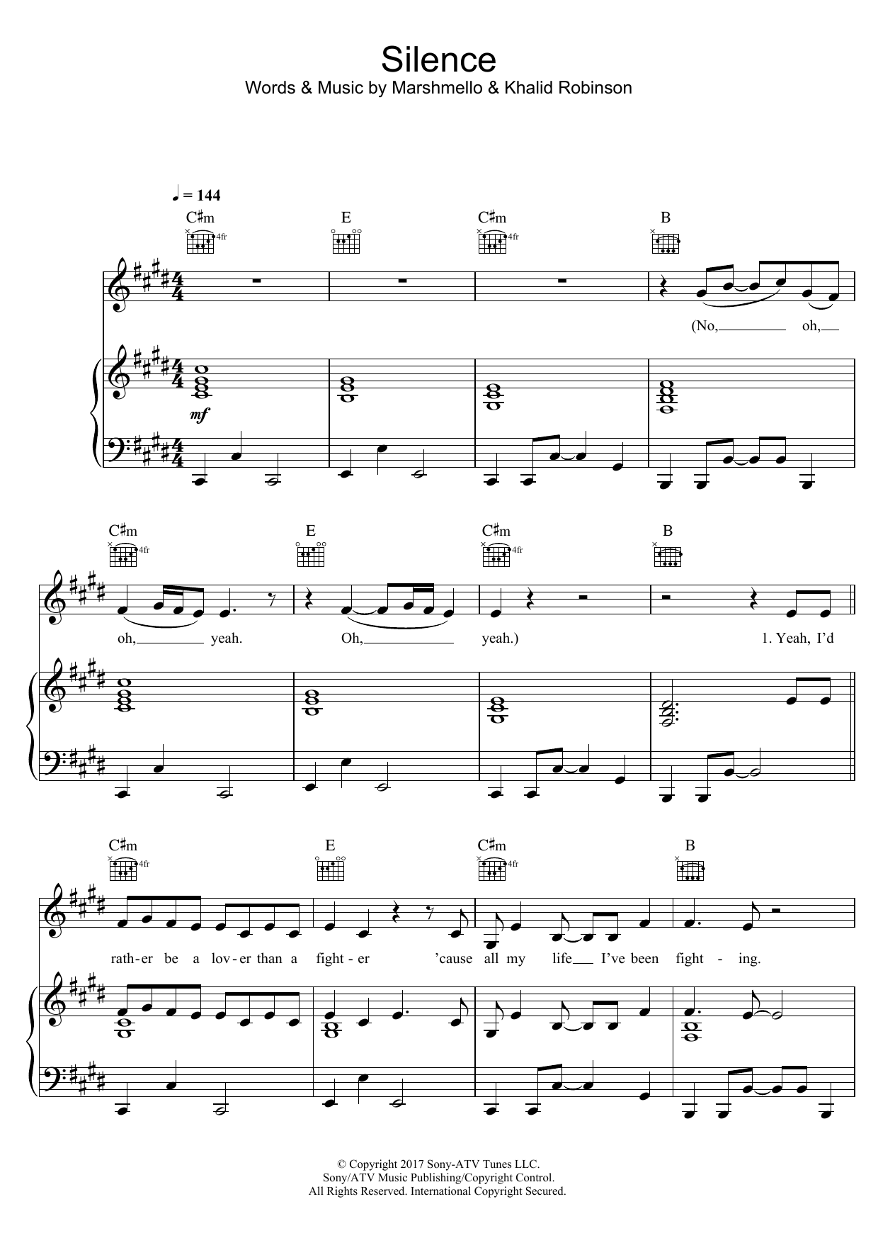 Marshmello Silence (featuring Khalid) Sheet Music Notes & Chords for Piano, Vocal & Guitar (Right-Hand Melody) - Download or Print PDF