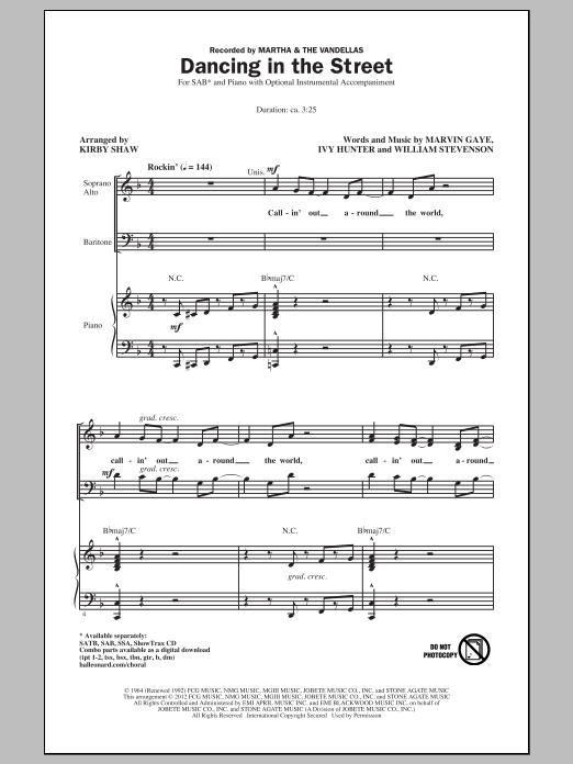 Martha & The Vandellas Dancing In The Street (arr. Kirby Shaw) Sheet Music Notes & Chords for SAB - Download or Print PDF