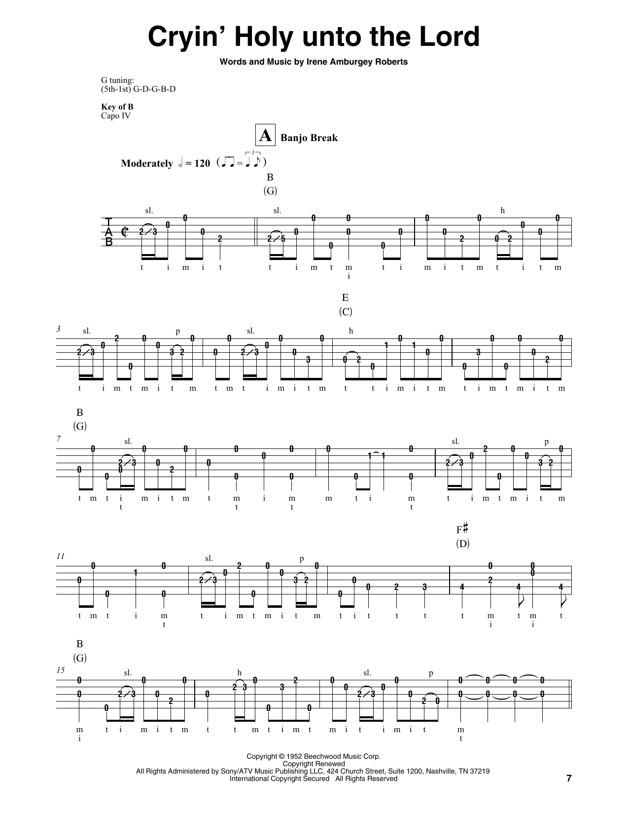 Martha Carson Cryin' Holy Unto The Lord Sheet Music Notes & Chords for Banjo - Download or Print PDF