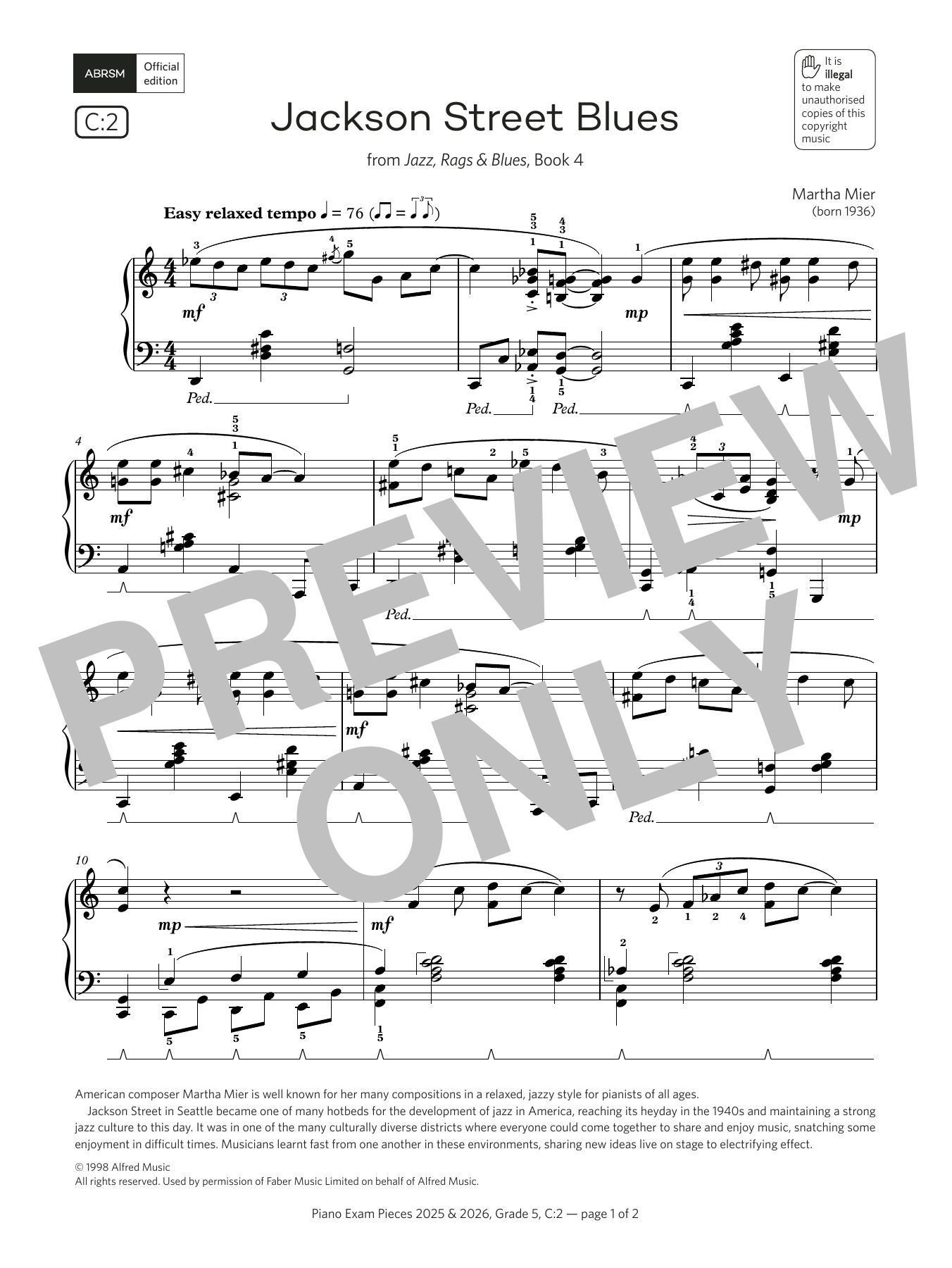 Martha Mier Jackson Street Blues (Grade 5, list C2, from the ABRSM Piano Syllabus 2025 & 2026) Sheet Music Notes & Chords for Piano Solo - Download or Print PDF