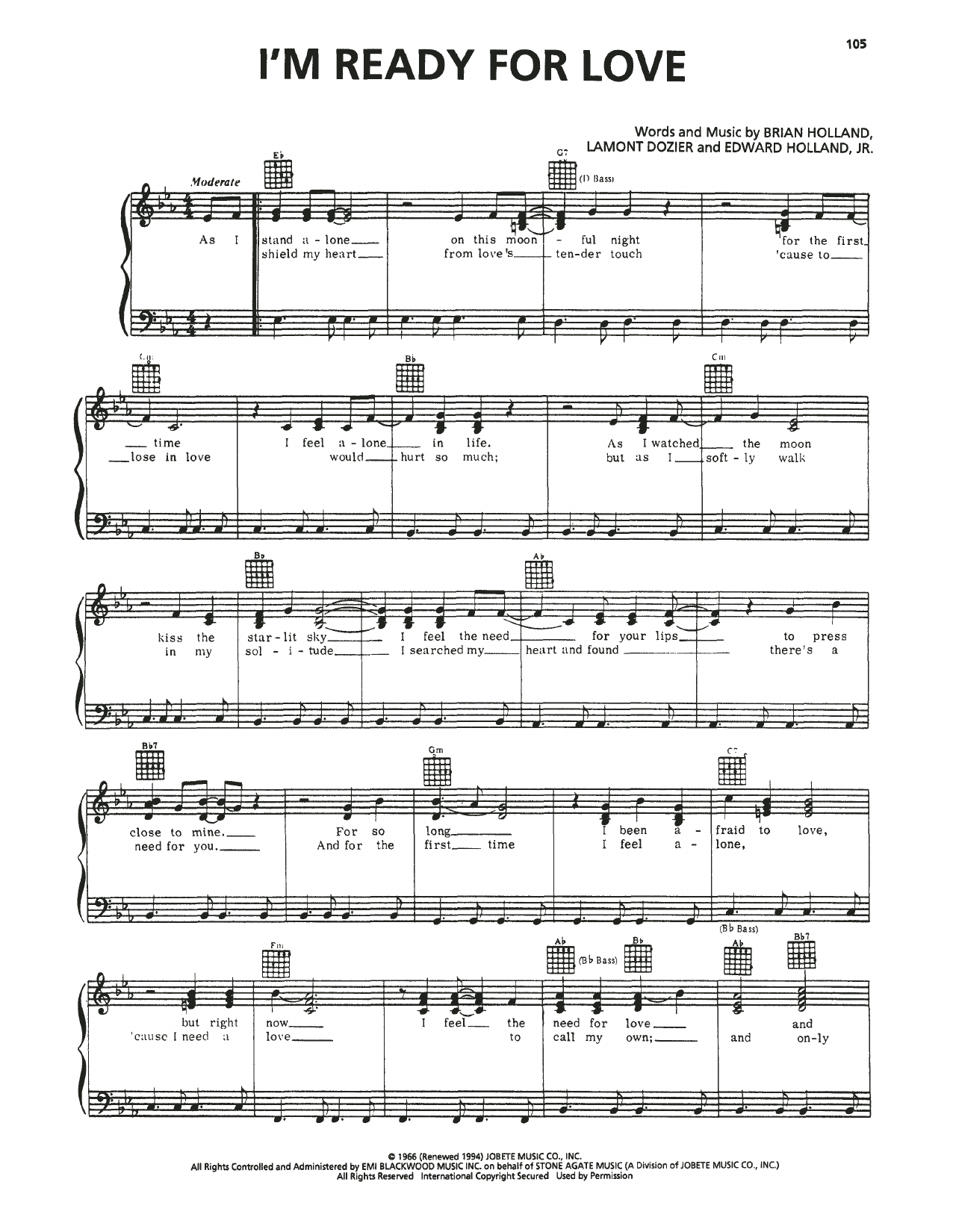 Martha Reeves & The Vandellas I'm Ready For Love Sheet Music Notes & Chords for Piano, Vocal & Guitar Chords (Right-Hand Melody) - Download or Print PDF