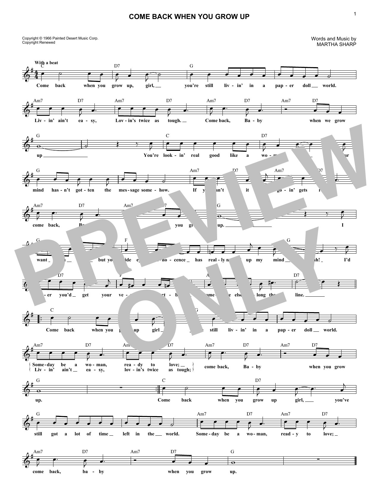 Bobby Vee and The Strangers Come Back When You Grow Up Sheet Music Notes & Chords for Melody Line, Lyrics & Chords - Download or Print PDF