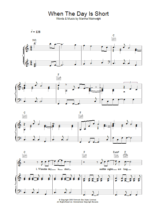 Martha Wainwright When The Day Is Short Sheet Music Notes & Chords for Piano, Vocal & Guitar - Download or Print PDF