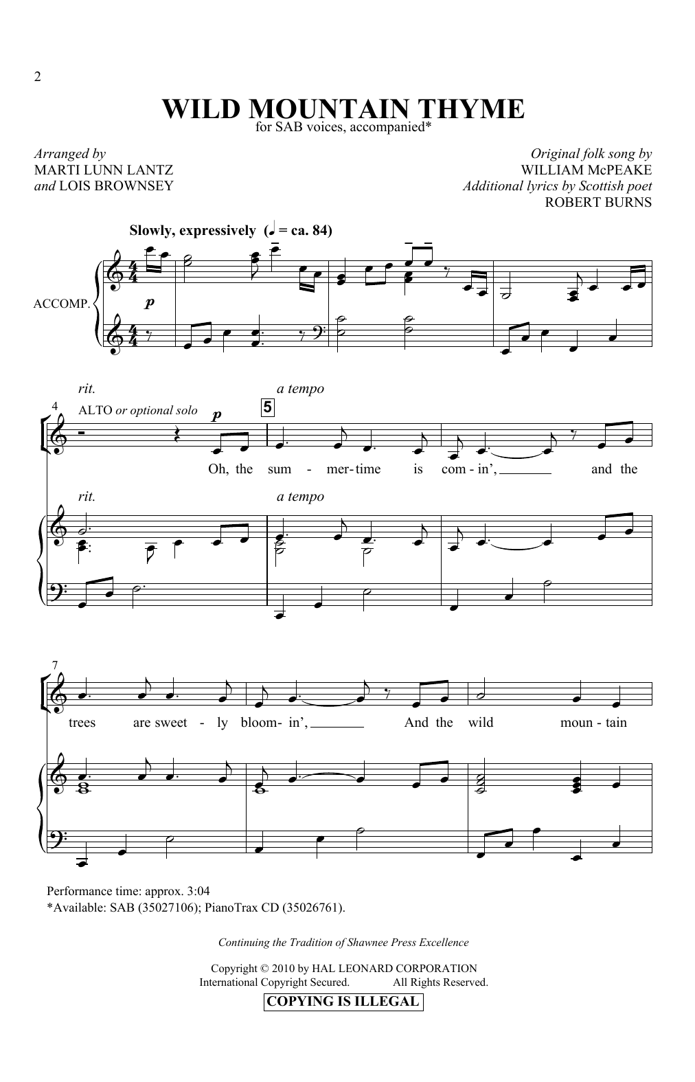 Marti Lunn Lantz & Lois Brownsey Wild Mountain Thyme Sheet Music Notes & Chords for SAB Choir - Download or Print PDF