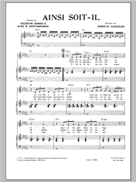 Martial Carceles Ainsi Soit Il (As It Must Be) Sheet Music Notes & Chords for Piano & Vocal - Download or Print PDF