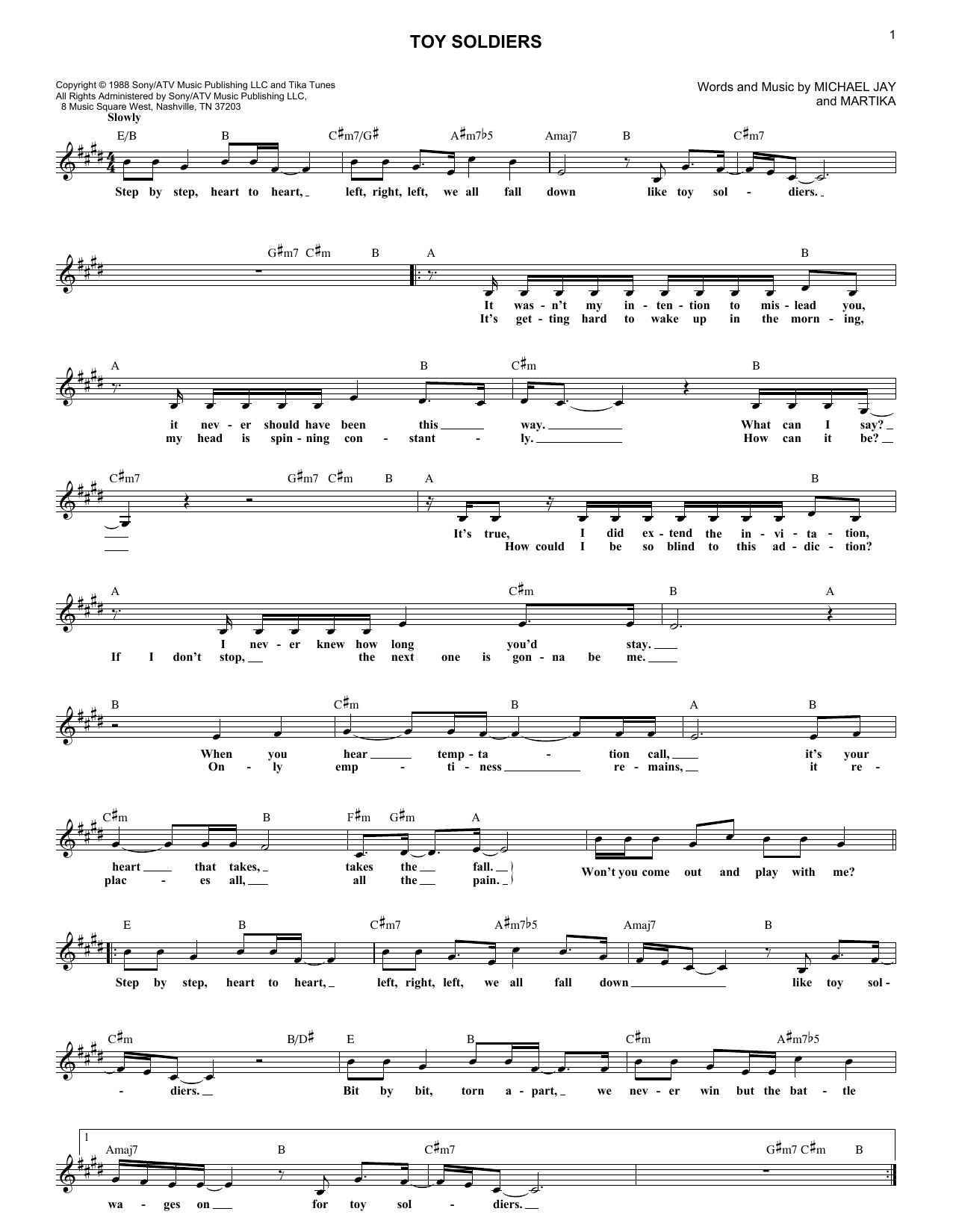 Martika Toy Soldiers Sheet Music Notes & Chords for Melody Line, Lyrics & Chords - Download or Print PDF