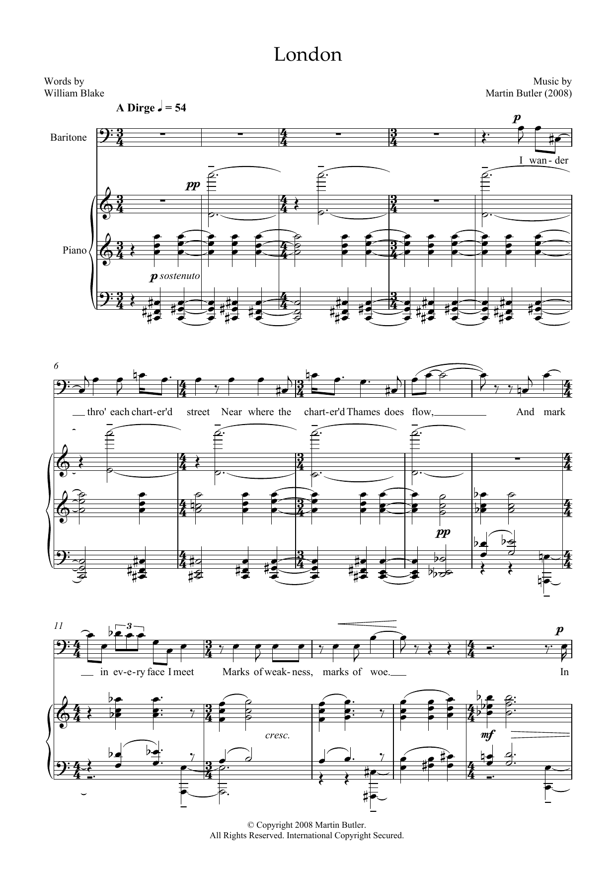 Martin Butler London (for baritone and piano) Sheet Music Notes & Chords for Piano & Vocal - Download or Print PDF