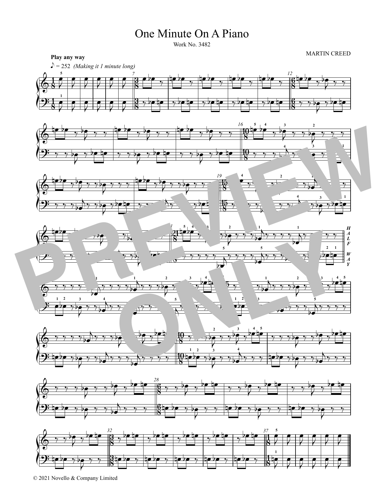 Martin Creed One Minute On A Piano Sheet Music Notes & Chords for Piano Solo - Download or Print PDF