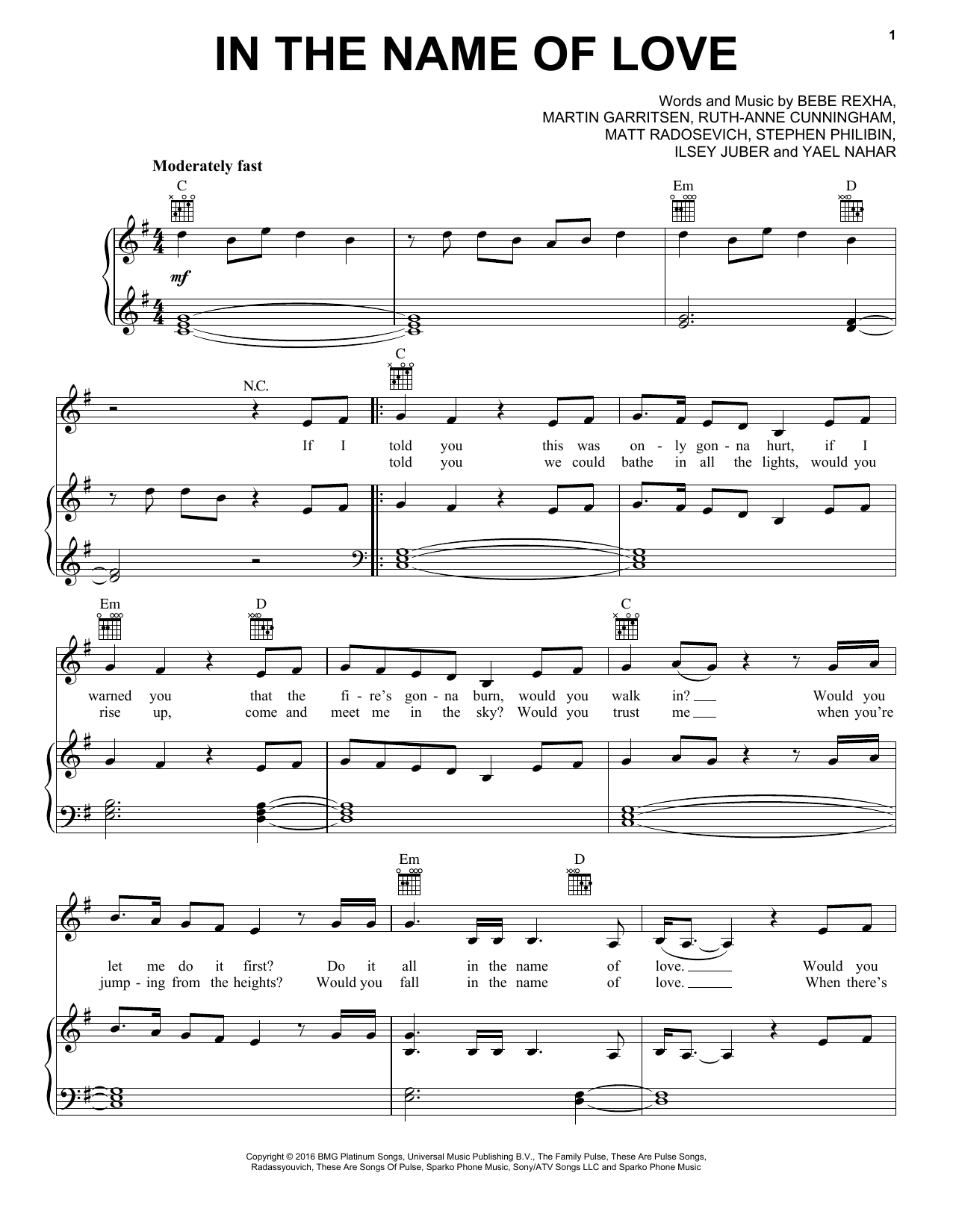 Martin Garrix & Bebe Rexha In The Name Of Love Sheet Music Notes & Chords for Piano, Vocal & Guitar (Right-Hand Melody) - Download or Print PDF