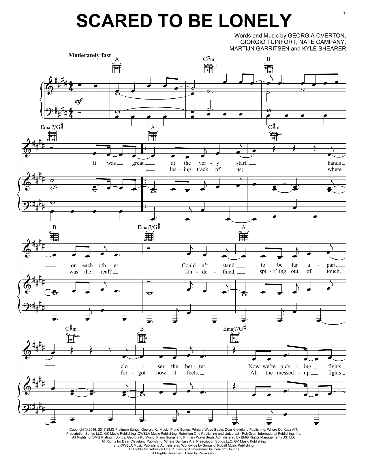 Martin Garrix & Dua Lipa Scared To Be Lonely Sheet Music Notes & Chords for Piano, Vocal & Guitar (Right-Hand Melody) - Download or Print PDF